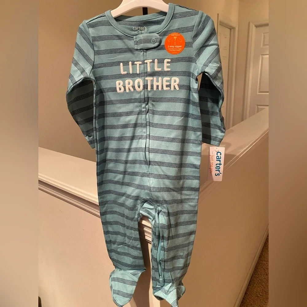 Carter's Blue Striped 'Little Brother' One Piece 2 Way Zipper  New 9 months